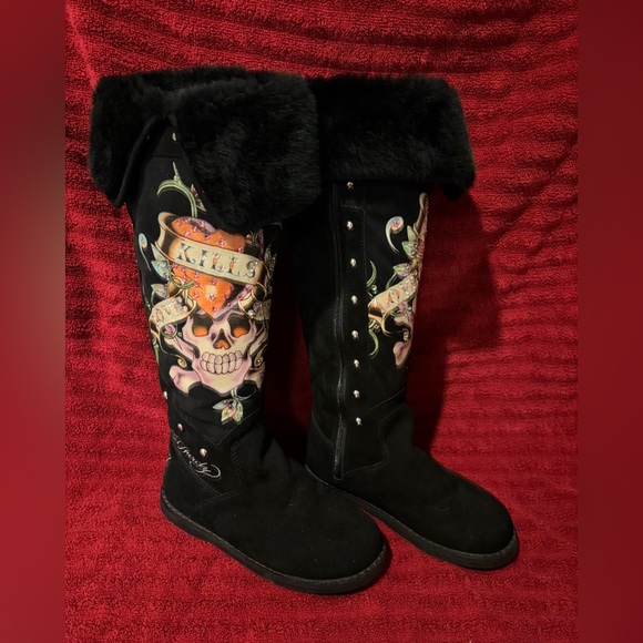 Ed Hardy Shoes - Ed Hardy Skull & “Kills” Heart Faux Fur Suede Tall Boots | Women’s US 6